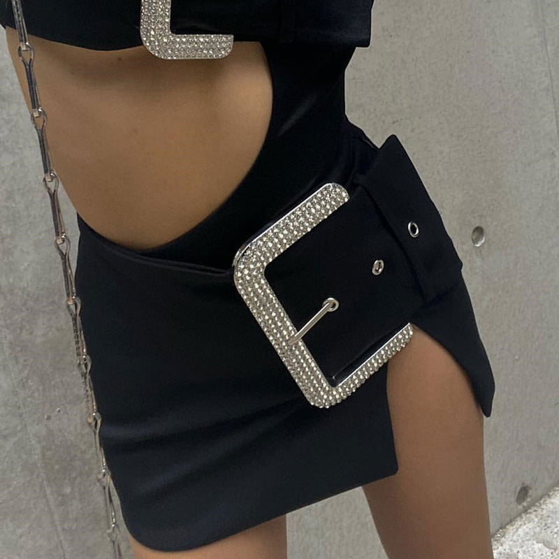 Shimmering Crystal Buckle Detail Low Rise Slit Mini Skirt - Black
