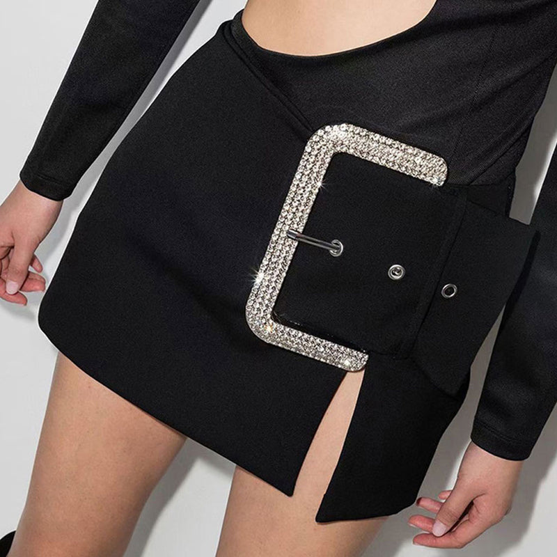 Shimmering Crystal Buckle Detail Low Rise Slit Mini Skirt - Black