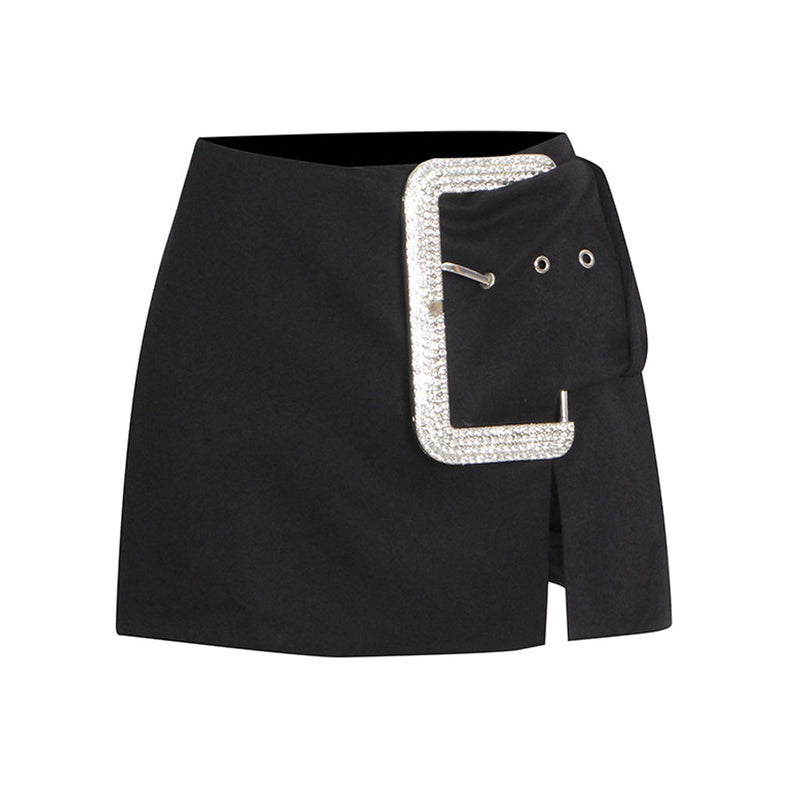 Shimmering Crystal Buckle Detail Low Rise Slit Mini Skirt - Black