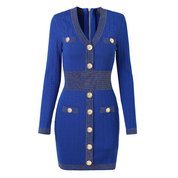 Shimmering Gold Toned Button V Neck Shoulder Pad Bodycon Mini Sweater Dress