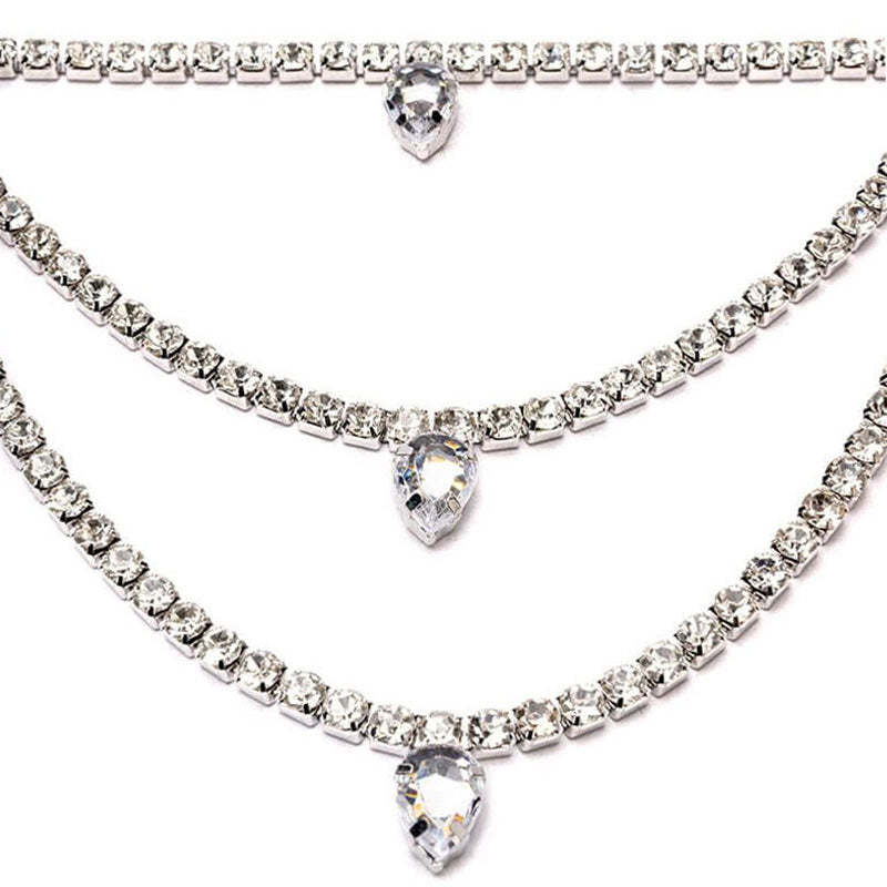 Shimmering Rhinestone Embellished Trio Layered Collar Necklace - Silver