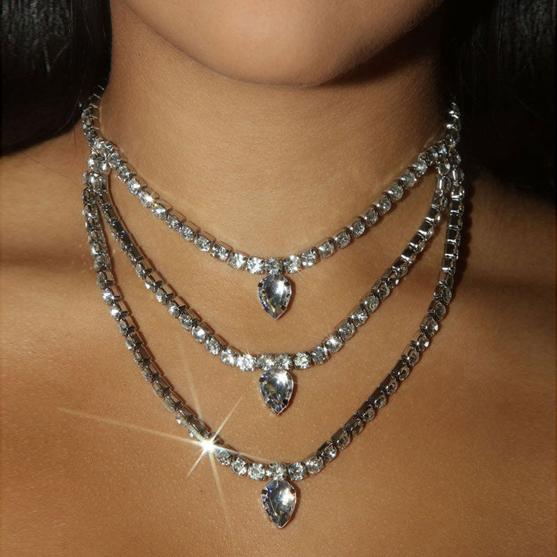 Shimmering Rhinestone Embellished Trio Layered Collar Necklace - Silver