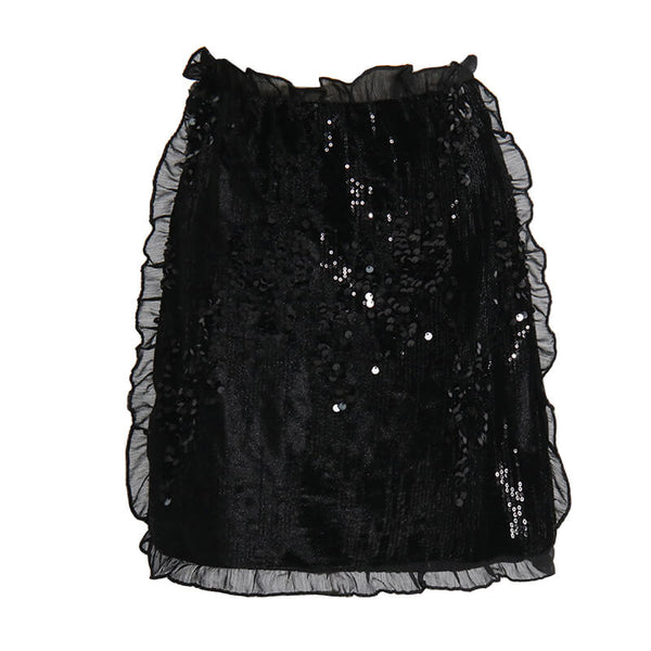 Shimmering Sequin Embellished Layered Ruffled Trim High Waist Mini Skirt