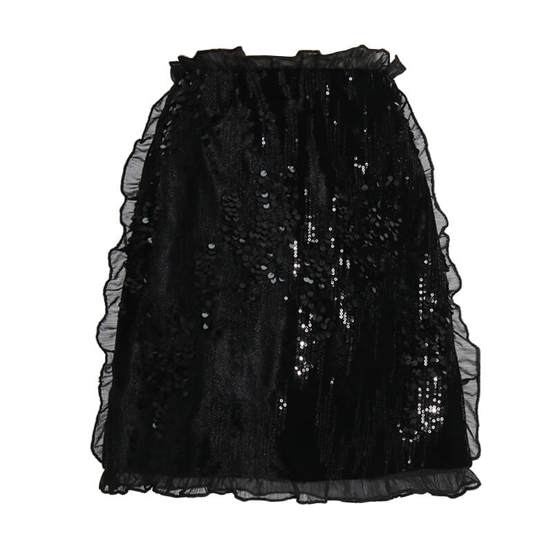 Shimmering Sequin Embellished Layered Ruffled Trim High Waist Mini Skirt