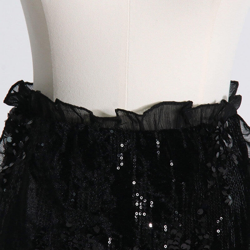 Shimmering Sequin Embellished Layered Ruffled Trim High Waist Mini Skirt