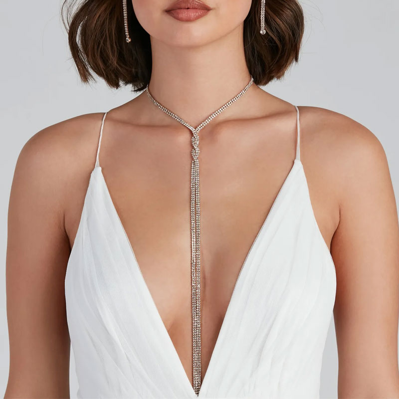 Shimmering Twisted Front Crystal Embellished Lariat Necklace - Silver