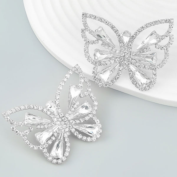 Shimmery Plated Crystal Embellished Butterfly Earrings - Silver
