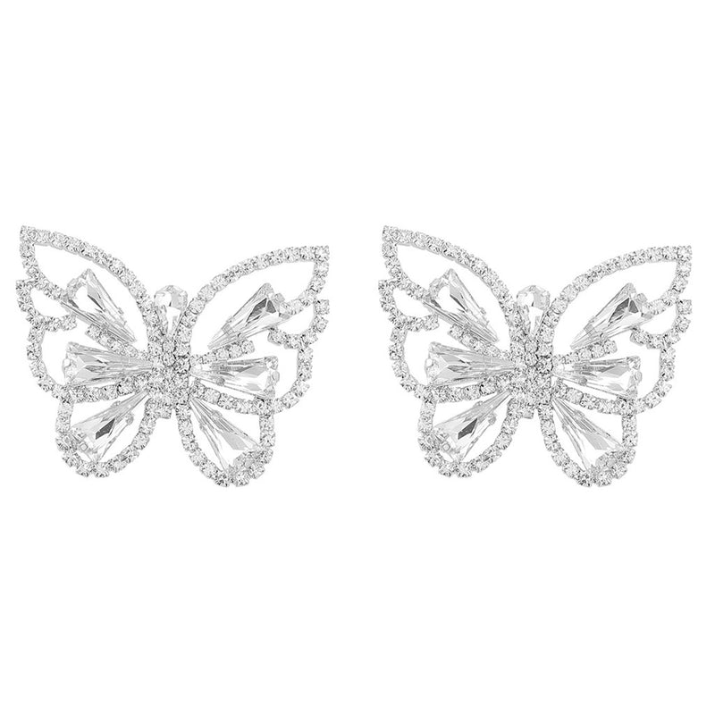 Shimmery Plated Crystal Embellished Butterfly Earrings - Silver