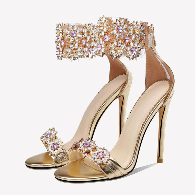 Shimmery Rhinestone Embellished Ankle Strap Stiletto Sandals - Gold