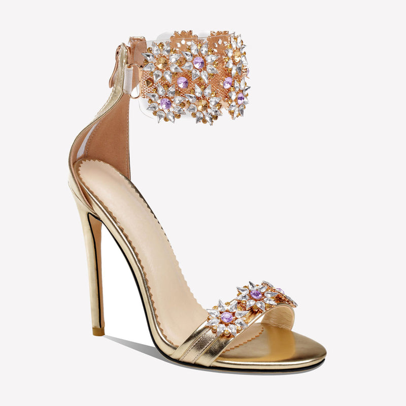 Shimmery Rhinestone Embellished Ankle Strap Stiletto Sandals - Gold