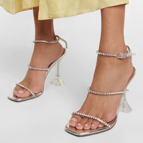 Shiny Crystal Ankle Strap Square Toe Clear PVC Martini Heel Sandals - Silver