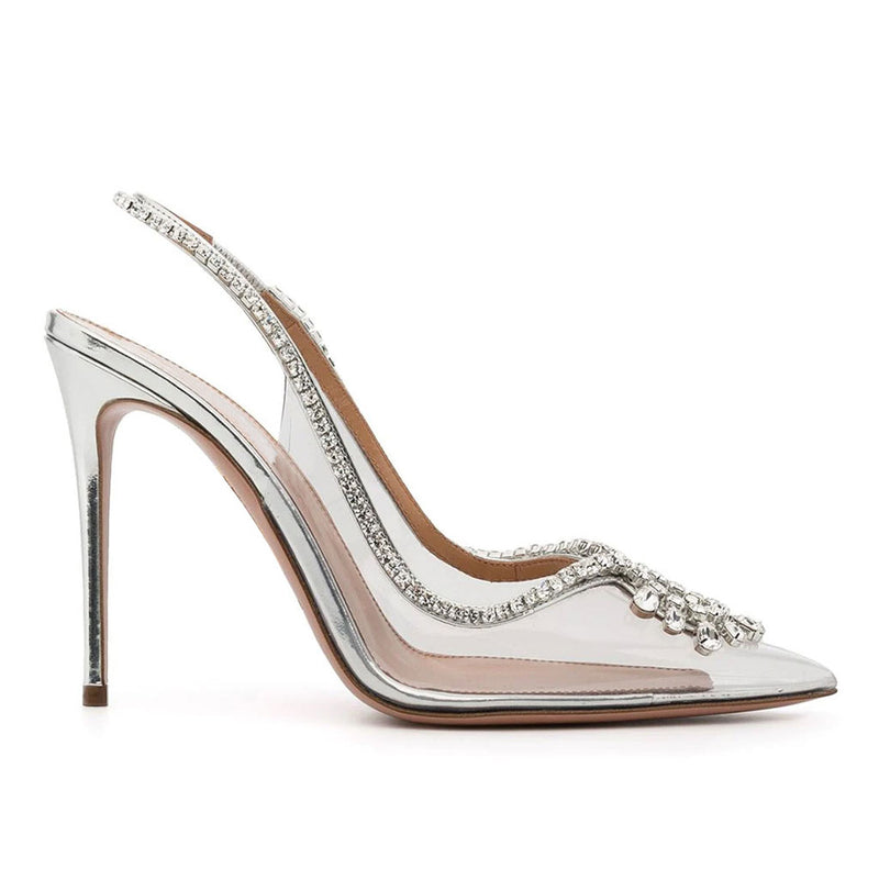 Shiny Crystal Detail Pointed Toe Stiletto PVC Slingback Pumps - Silver
