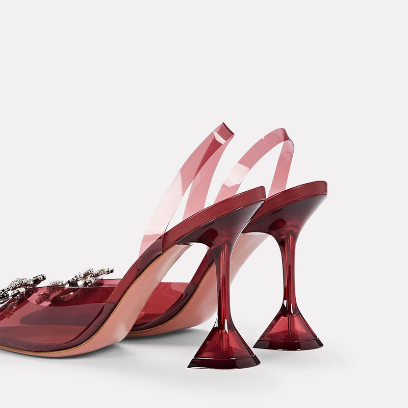 Shiny Crystal Embellished Clear Martini Heel Slingback Pumps - Burgundy