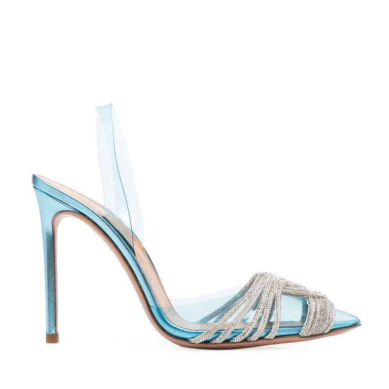 Shiny Crystal Embellished Clear PVC Stiletto Slingback Pumps - Blue