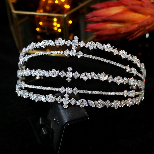 Shiny Crystal Embellished Multi Layered Bridal Headband - Silver