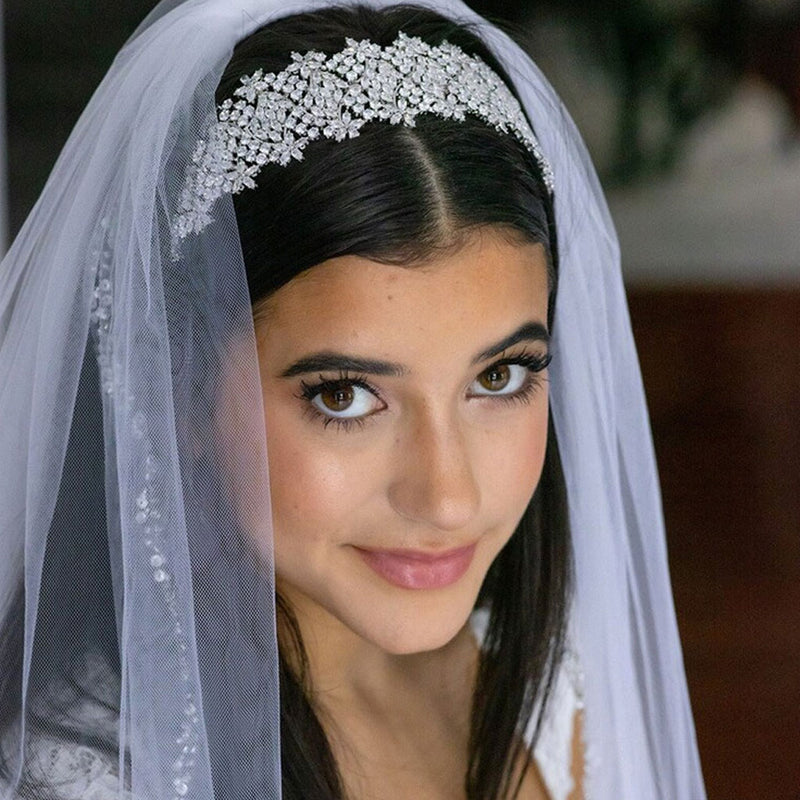 Shiny Floral Rhinestone Embellished Bridal Headband - Silver