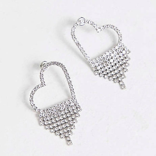 Shiny Rhinestone Embellished Fringe Heart Shape Dangle Earrings - Silver