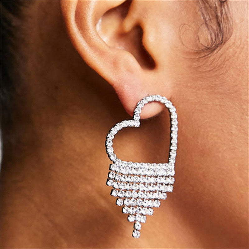 Heart Evening Earrings with Long Rhinestones Fringe