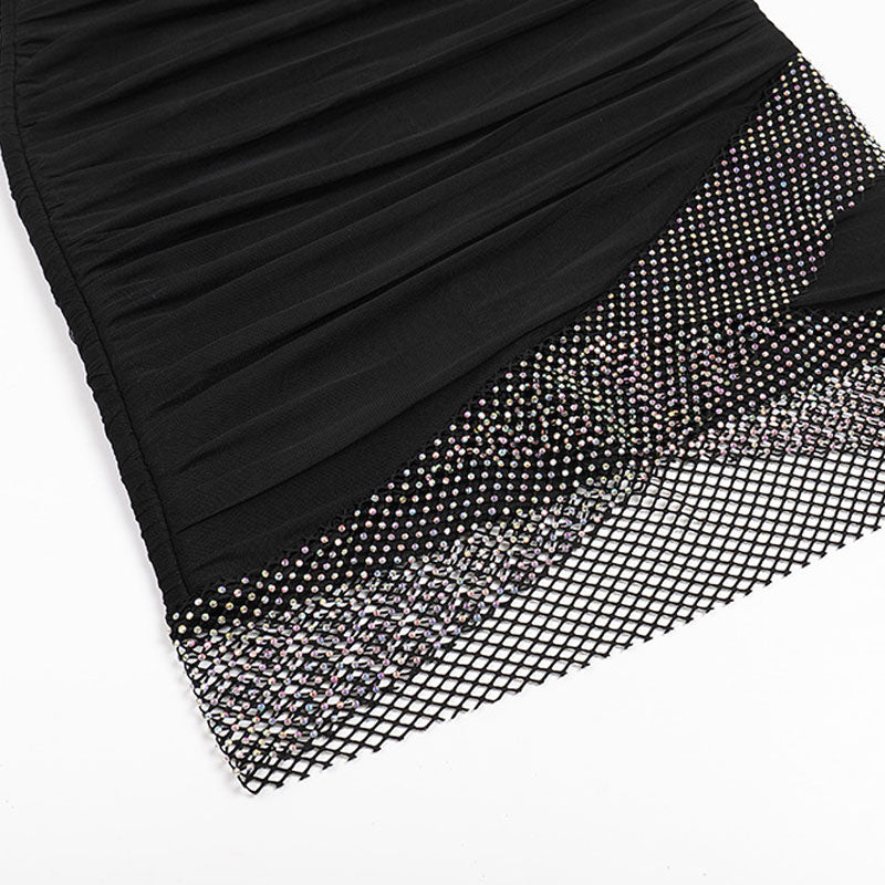 Shiny Rhinestone Ruched Mesh Panel Ruffled Off The Shoulder Mini Bandage Dress - Black