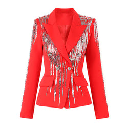 Shiny Sequin Beaded Peak Lapel Double Breasted Tailored Blazer