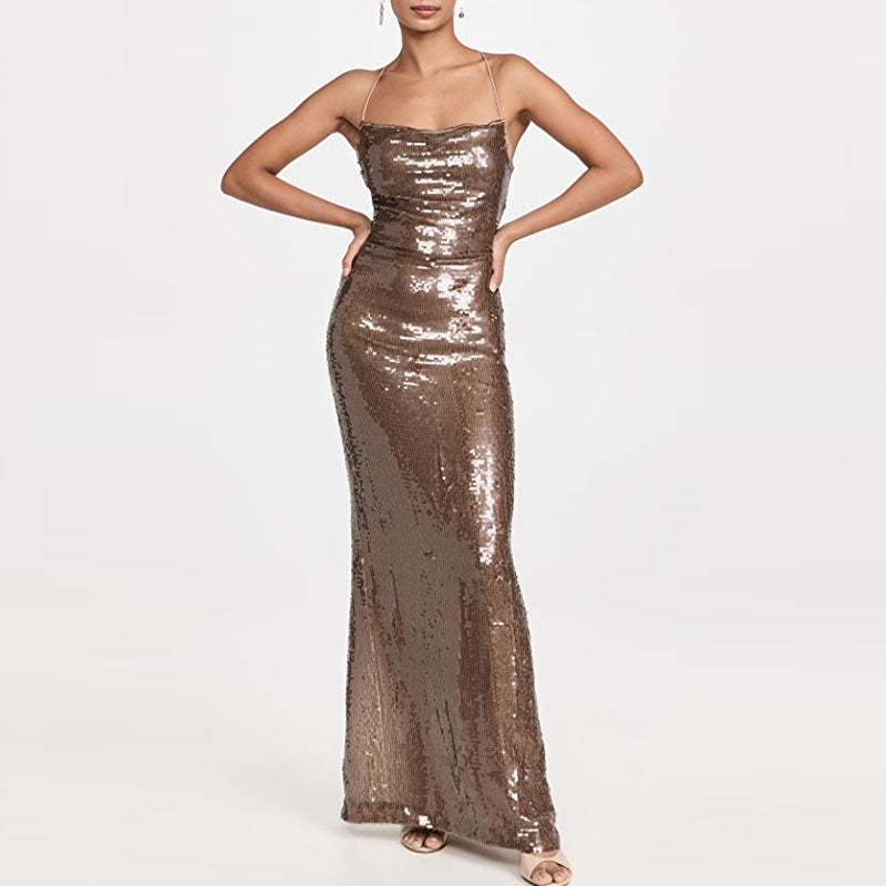 Shiny Sequin Draped Cowl Neck Lace Up Backless Maxi Evening Dress