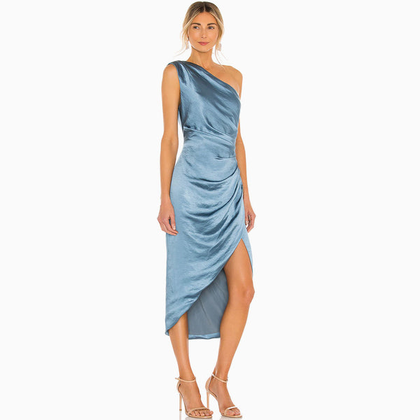 Silky High Slit Ruched One Shoulder Satin Cocktail Midi Dress - Blue
