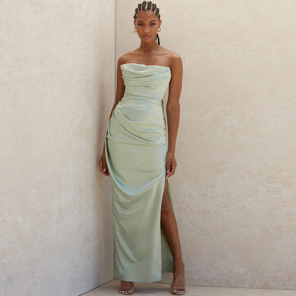 Silky Satin High Slit Ruched Strapless Party Maxi Dress - Sage Green