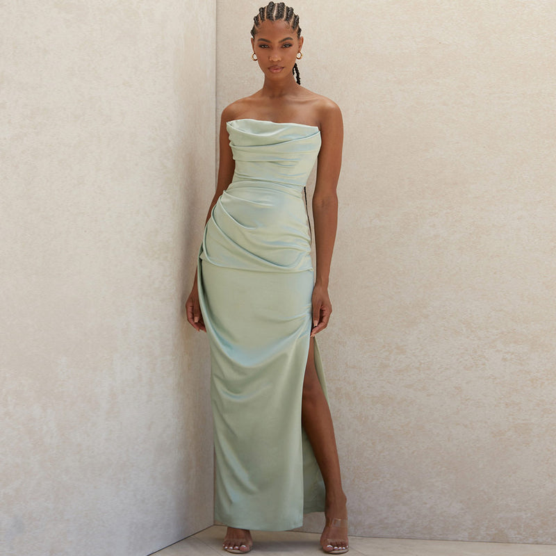 Silky Satin High Slit Ruched Strapless Party Maxi Dress - Sage Green –  Luxedress