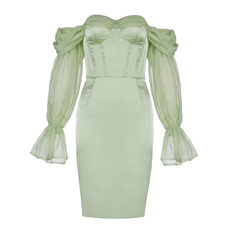 Silky Satin Off Shoulder Mesh Sleeve Bustier Corset Mini Dress - Sage Green