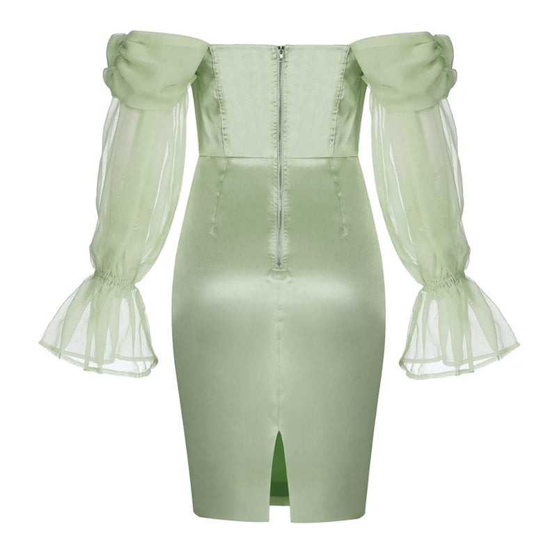 Silky Satin Off Shoulder Mesh Sleeve Bustier Corset Mini Dress - Sage Green