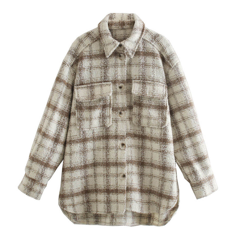 Single-Breasted Gingham Pocket Front Tweed Shirt Jacket - Khaki