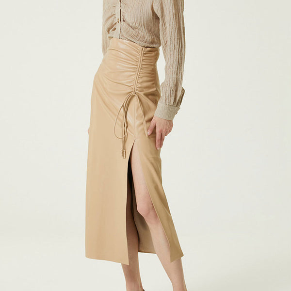 Sleek Drawstring Ruched High Waist Front Slit Vegan Leather Midi Skirt - Khaki