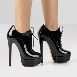 Sleek Patent Leather Platform Lace Up Oxford Stiletto Heels - Black