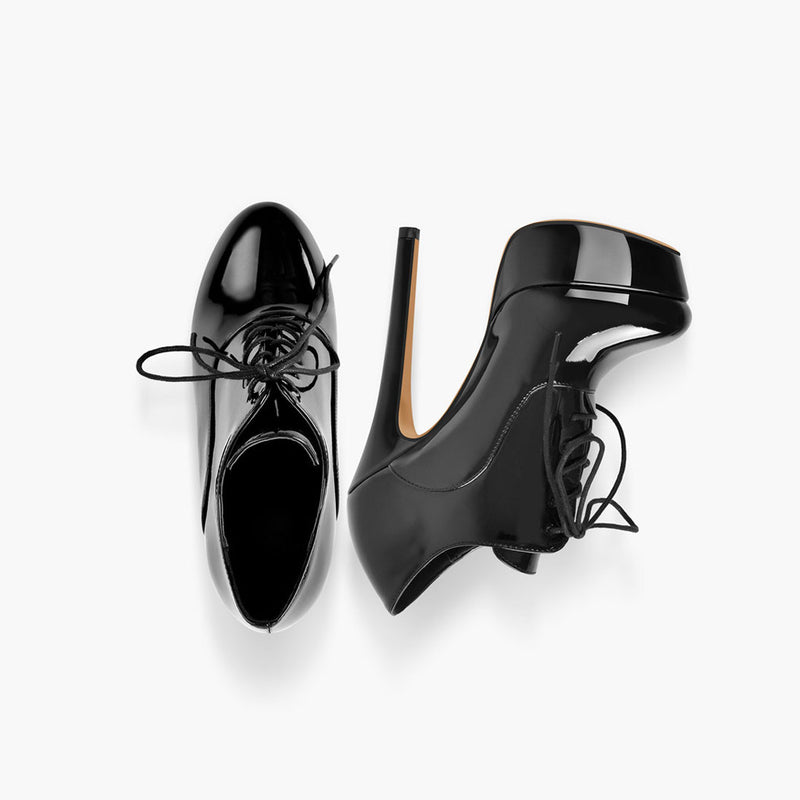 Sleek Patent Leather Platform Lace Up Oxford Stiletto Heels - Black