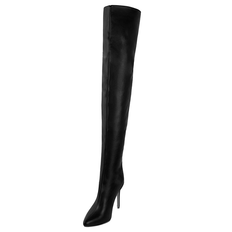 Sleek Pointed Toe Faux Leather Over Knee Stiletto Boots - Black