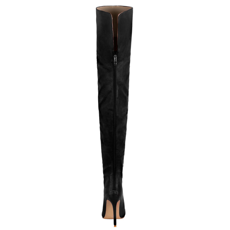 Sleek Pointed Toe Faux Leather Over Knee Stiletto Boots - Black