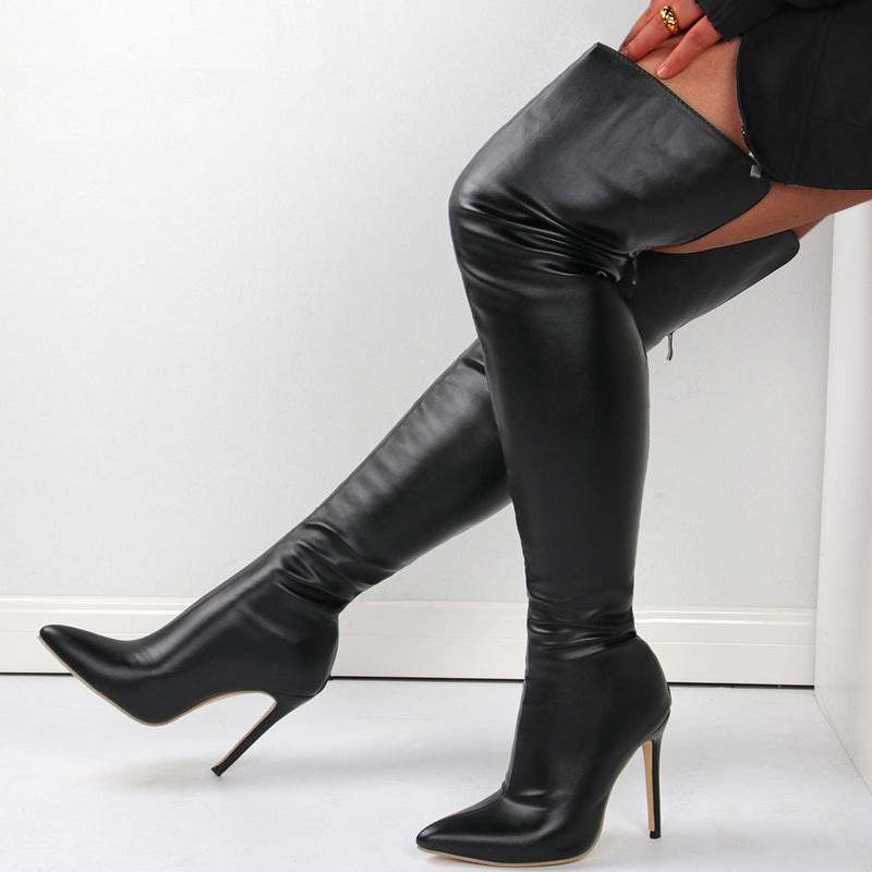 Sleek Pointed Toe Faux Leather Over Knee Stiletto Boots - Black