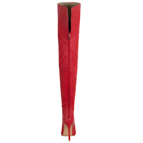 Sleek Pointed Toe Faux Leather Over Knee Stiletto Boots - Red