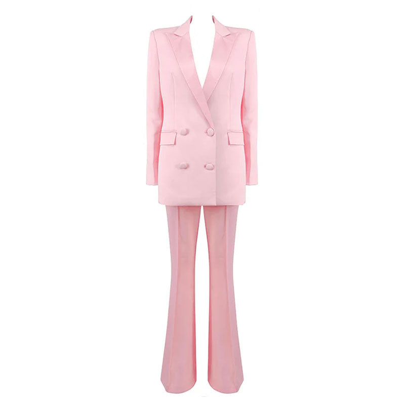 Sleek Satin Panel Double Breasted Blazer Flare Pant Matching Set - Pink