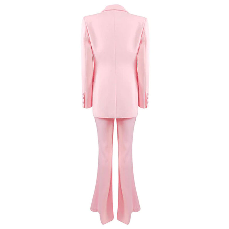 Sleek Satin Panel Double Breasted Blazer Flare Pant Matching Set - Pink