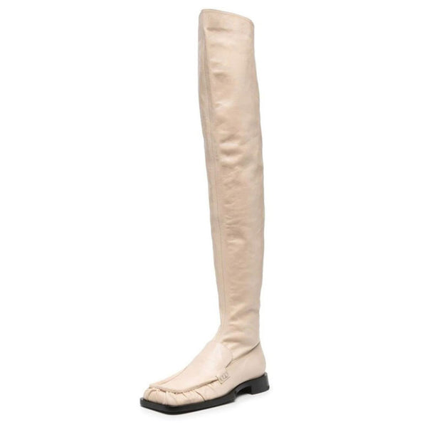 Sleek Square Toe Over Knee Chunky Low Heeled Boots - Beige