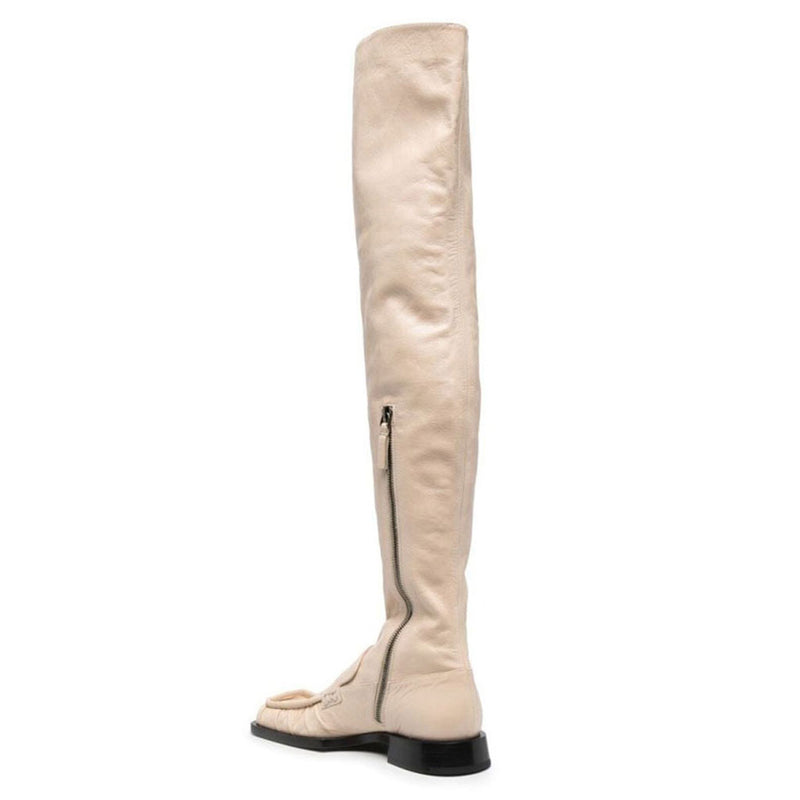 Sleek Square Toe Over Knee Chunky Low Heeled Boots - Beige