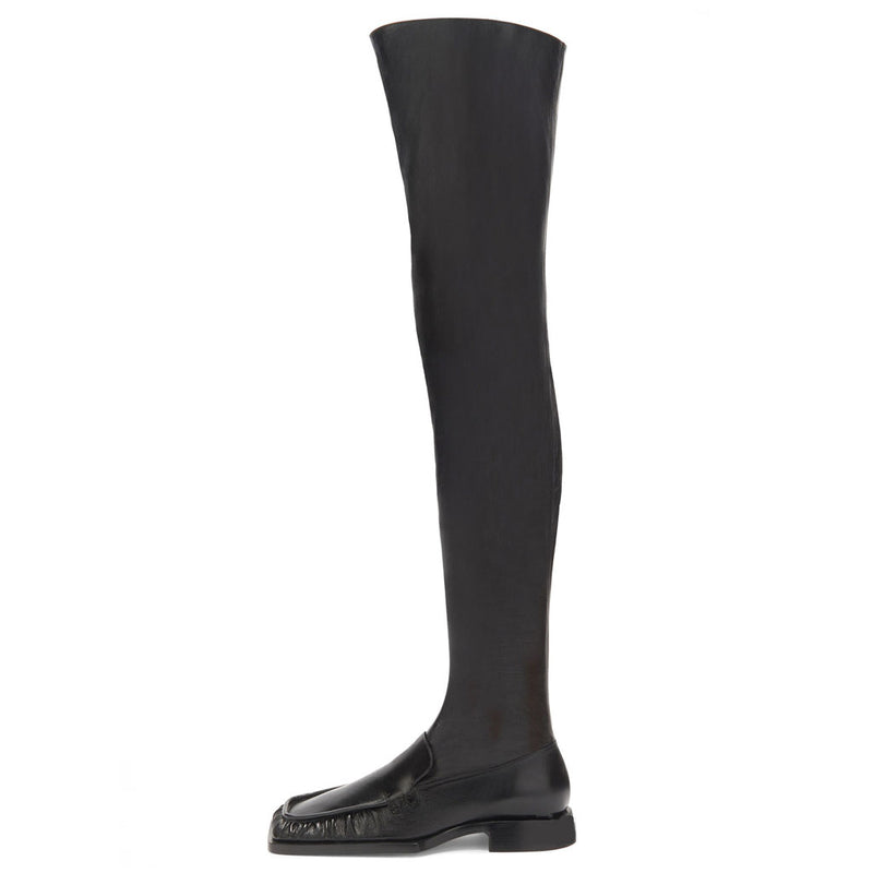 Sleek Square Toe Over Knee Chunky Low Heeled Boots - Black