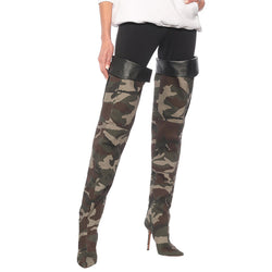 Slouchy Camo Print Over Knee Pointed Toe Stiletto Boots - Military Green