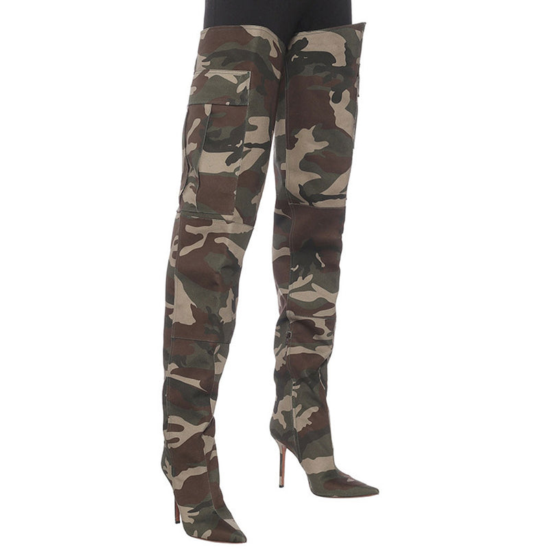 Slouchy Camo Print Over Knee Pointed Toe Stiletto Boots - Military Green
