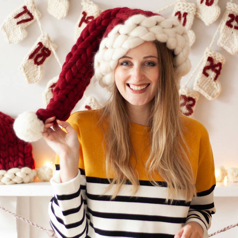 Slouchy Contrast Color Pom Pom Trim Crochet Santa Hat - Burgundy