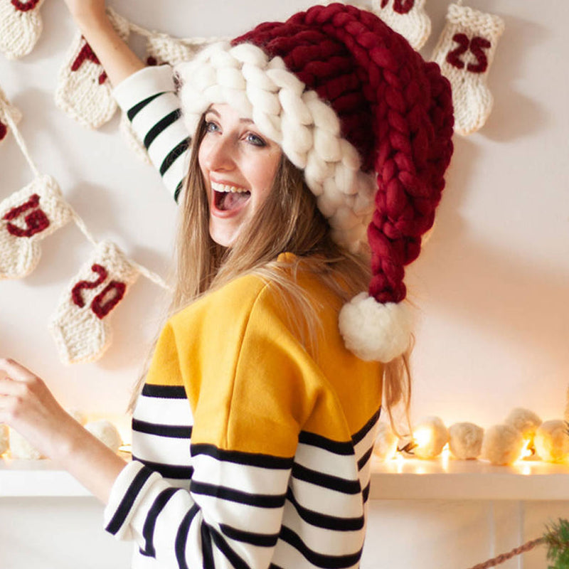 Slouchy Contrast Color Pom Pom Trim Crochet Santa Hat - Burgundy