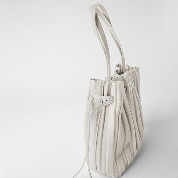 Slouchy Drawstring Gathered Pleated Bucket Bag - Apricot