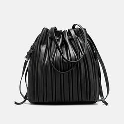 Slouchy Drawstring Gathered Pleated Bucket Bag - Black