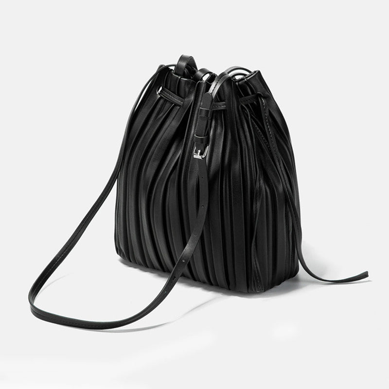 Slouchy Drawstring Gathered Pleated Bucket Bag - Black